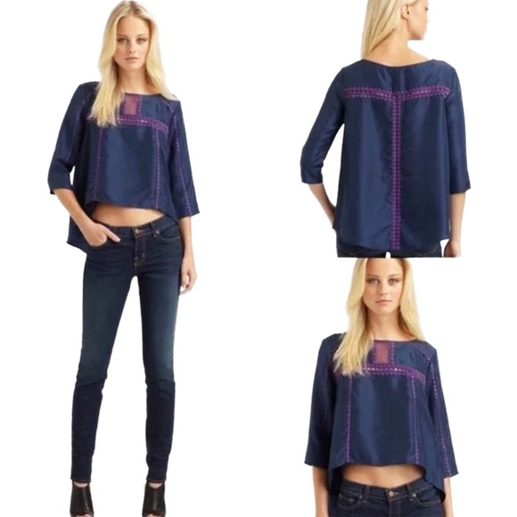 BCBGMAXAZRIA Mara 100% Silk 3/4 Sleeve Blouse • XS • navy blue, purple •‎ lace - Picture 2 of 9